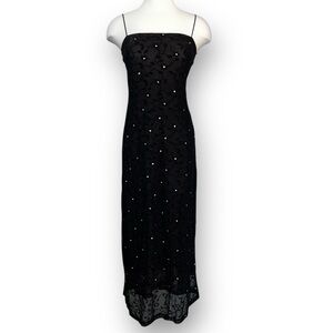 Vintage Y2K Rampage Bronze Black Metallic Floral Lace Overlay Midi Length Dress